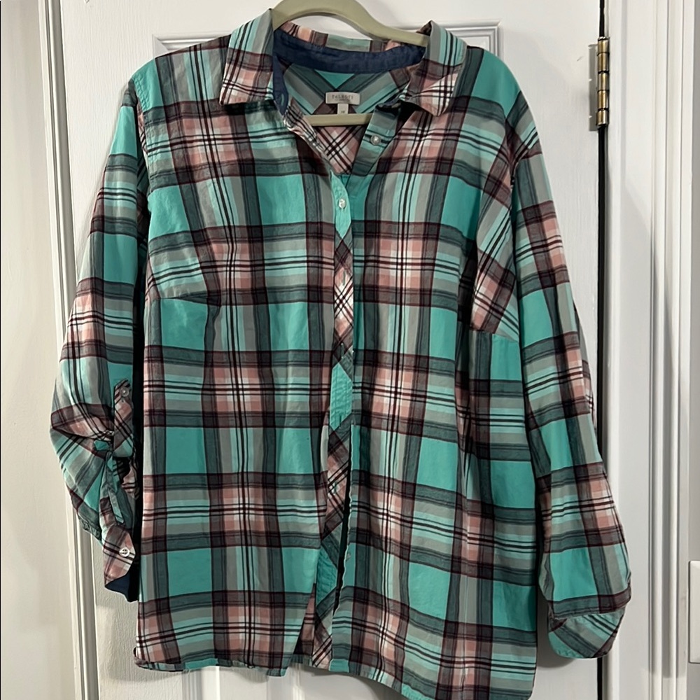 Talbots Green and Pink Button Down Shirt with Cuffed Sleeves and Notched Collar